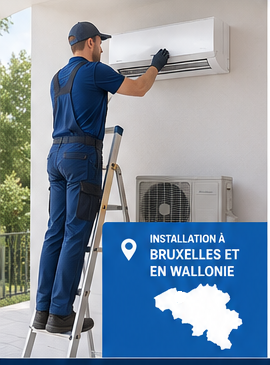 Technicien installant un climatiseur mural à Bruxelles et en Wallonie